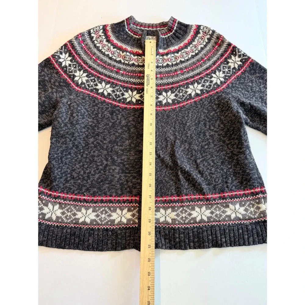 Heirloom Collectibles Womens Fair Isle Zip Cardigan Sweater Gray Red Snowflake L